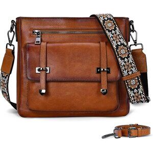 Women Light Brown leather Imported Zipper Purse Adjustable Strap Crossbody Bag